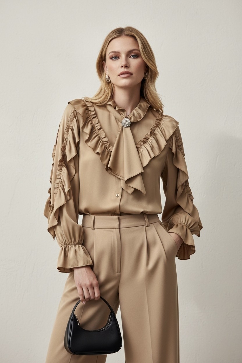 Mayorista Flam Mode - Blusa elegante con volantes, cuello lavallière y mangas refinadas