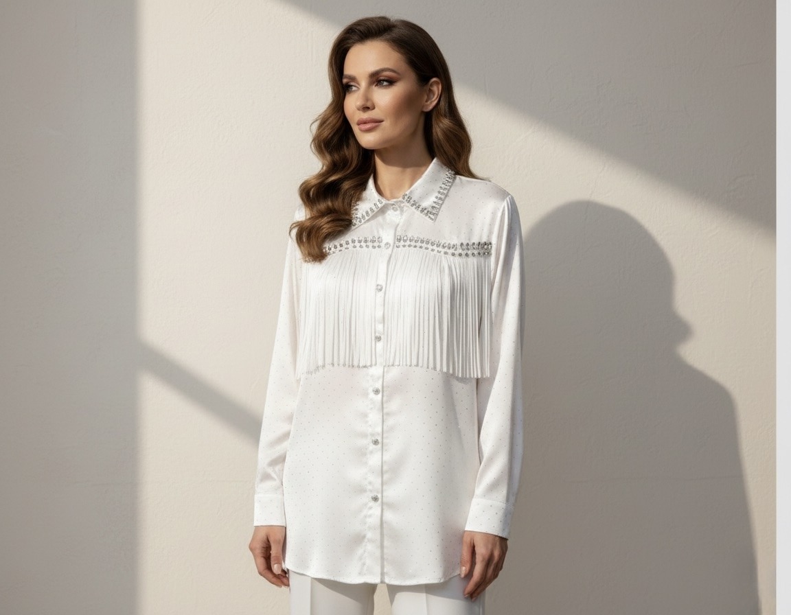 This flowing shirt stands out with its sophisticated and decidedly trendy design. It is enhanced by a delicate fringe panel on the front, adding movement and a chic bohemian touch. The collar and chest are adorned with decorative pearls that add a precious and elegant note. Its loose fit ensures a fluid and comfortable drape, ideal for a look that is both casual and refined. Easy to wear, it pairs equally well with dress pants, shorts, or jeans for a bold urban style.