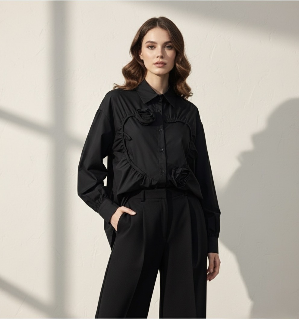 The D319 shirt embodies contemporary elegance with a subtle romantic touch. Its fluid and slightly loose fit offers optimal comfort while gently enhancing the silhouette. The structured heart detail on the front, highlighted with refined finishes, provides an original and sophisticated signature. Easy to wear with both dress pants and jeans, this shirt is ideal for a chic daytime look or a more sophisticated evening outfit. A strong and timeless piece, perfectly aligned with the elegant universe of FLAM Paris.