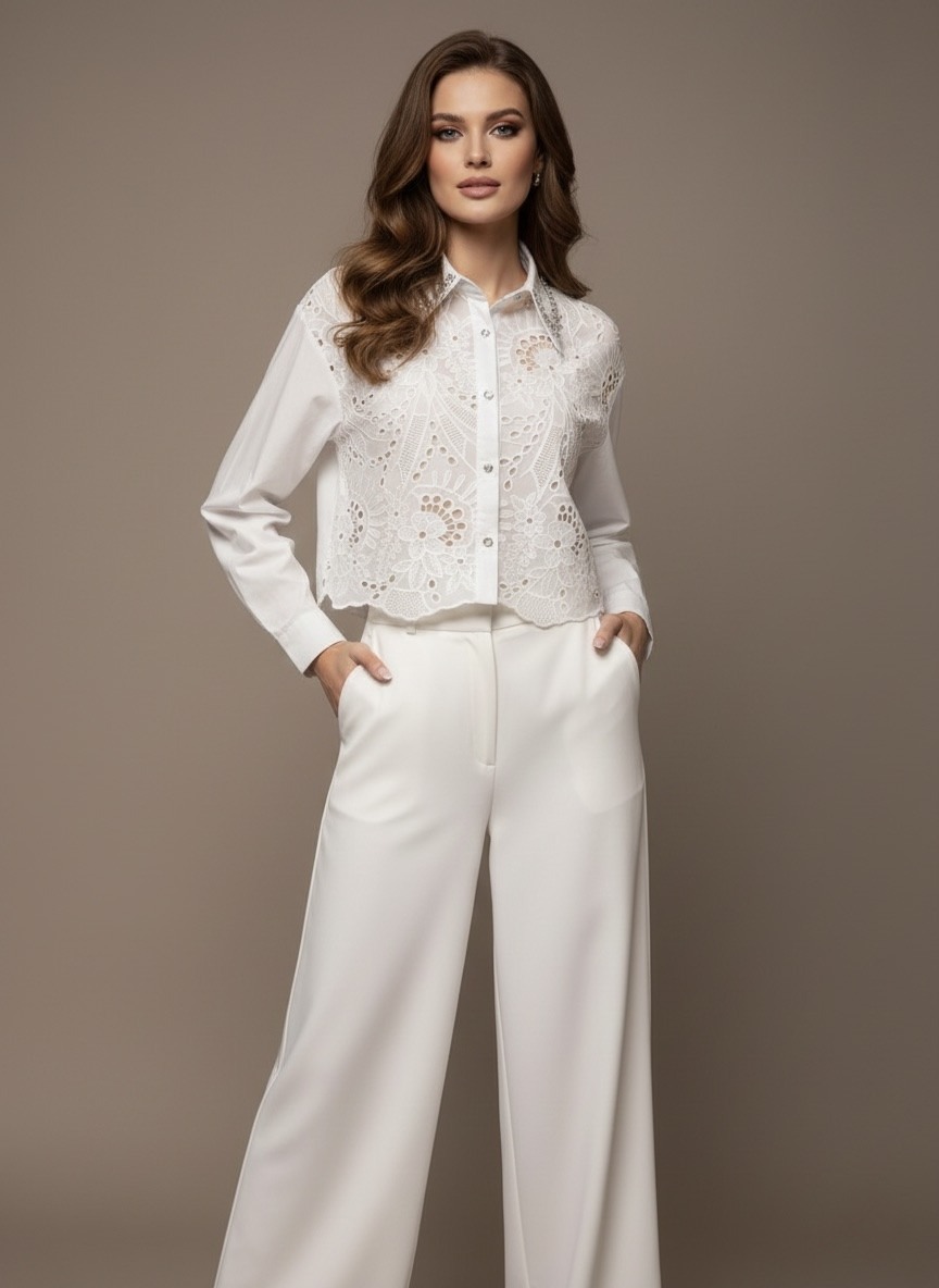 The 175004 shirt combines elegance, femininity, and refined details. Crafted from delicately embroidered and openwork white fabric, it offers a subtle and sophisticated play of transparency. Its collar adorned with sparkling rhinestones adds a precious touch that instantly enhances the outfit.
The cut is modern and slightly short, perfect for wearing with high-waisted jeans, a pencil skirt, or classic trousers. The shiny buttons enhance its chic style while remaining easy to wear daily or for special occasions.
A luminous, elegant, and trendy piece, ideal for those who love original shirts with couture charm.