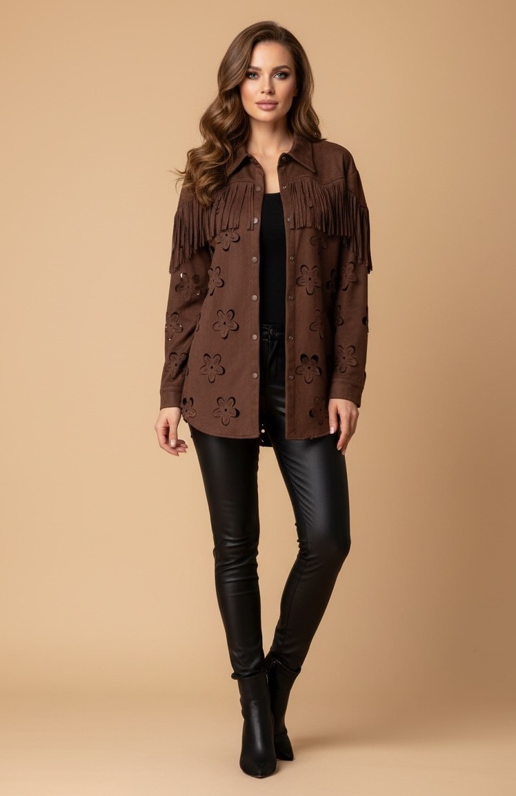 Mayorista Flam Mode - Camisa de ante con flecos y flores caladas