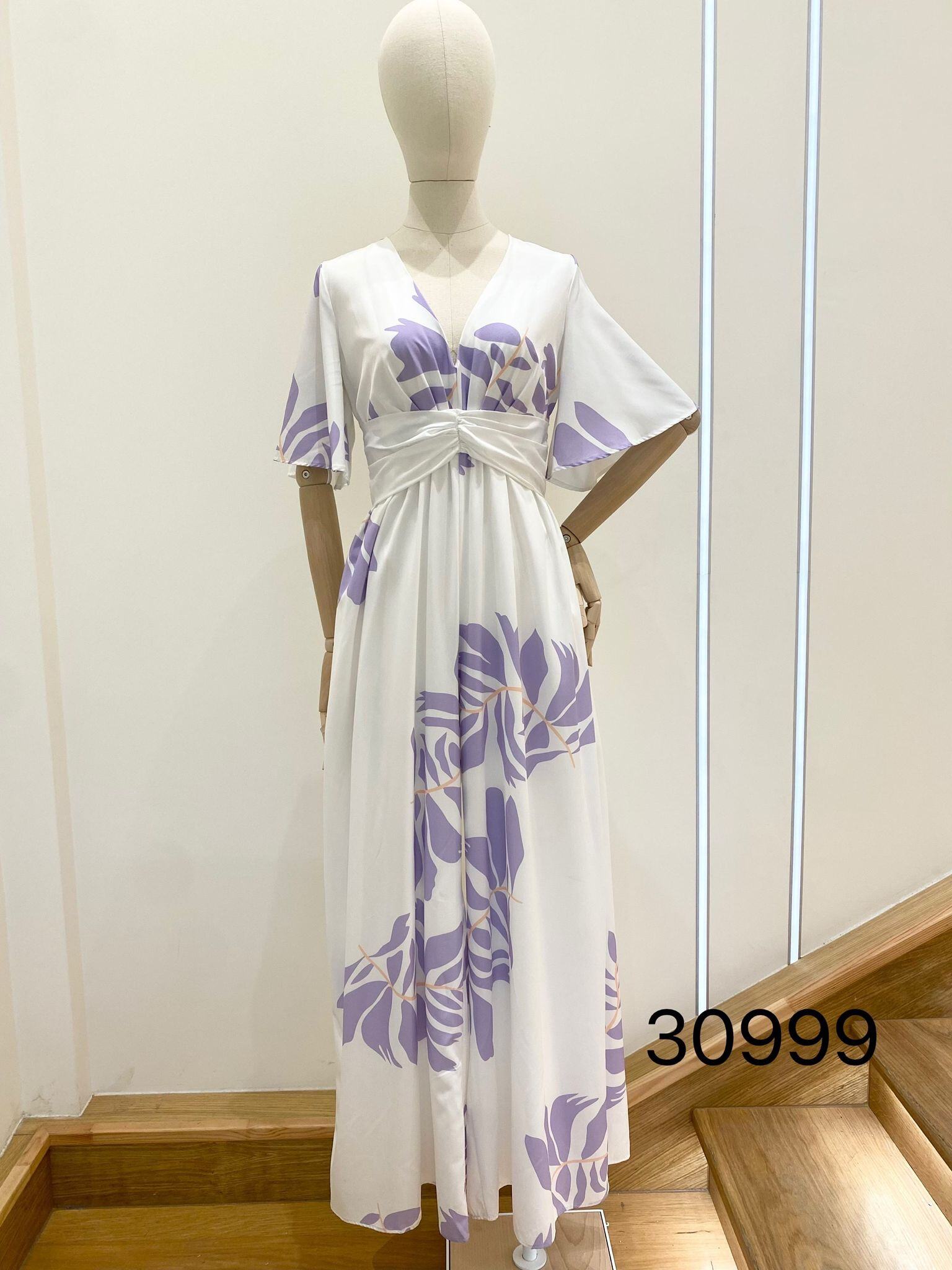 Grossiste Flam Mode - Robe longue blanche à motifs lilas, manches courtes évasées et taille marquée