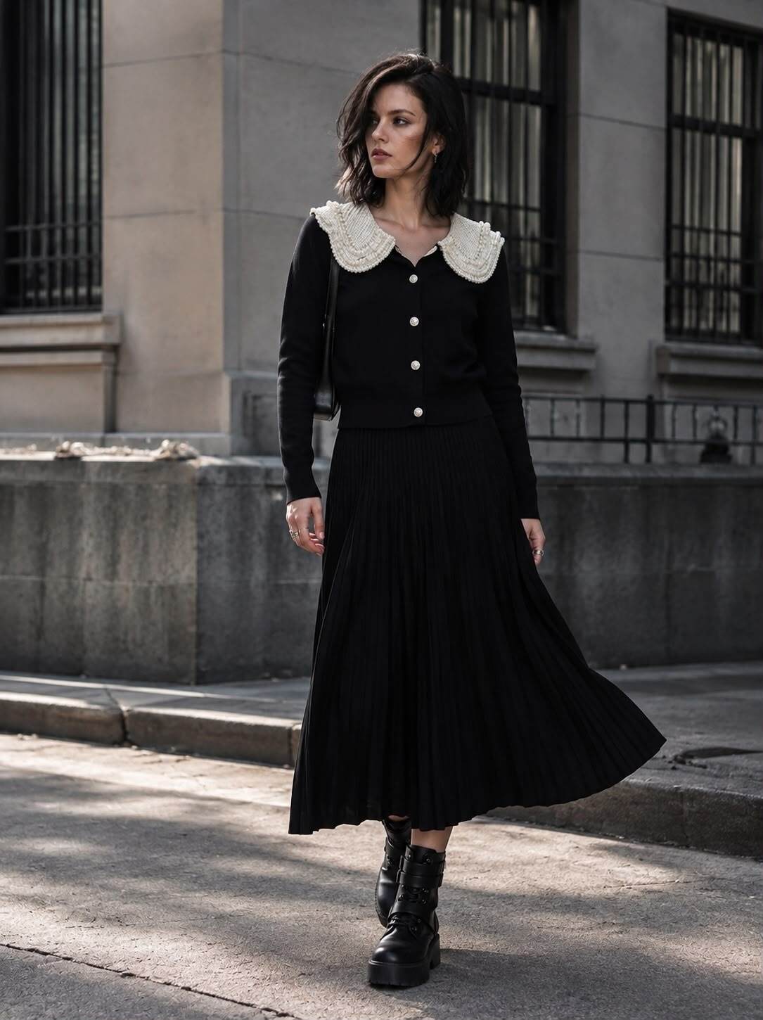 Grossiste Flam Mode - Ensemble cardigan col perlé et jupe plissée