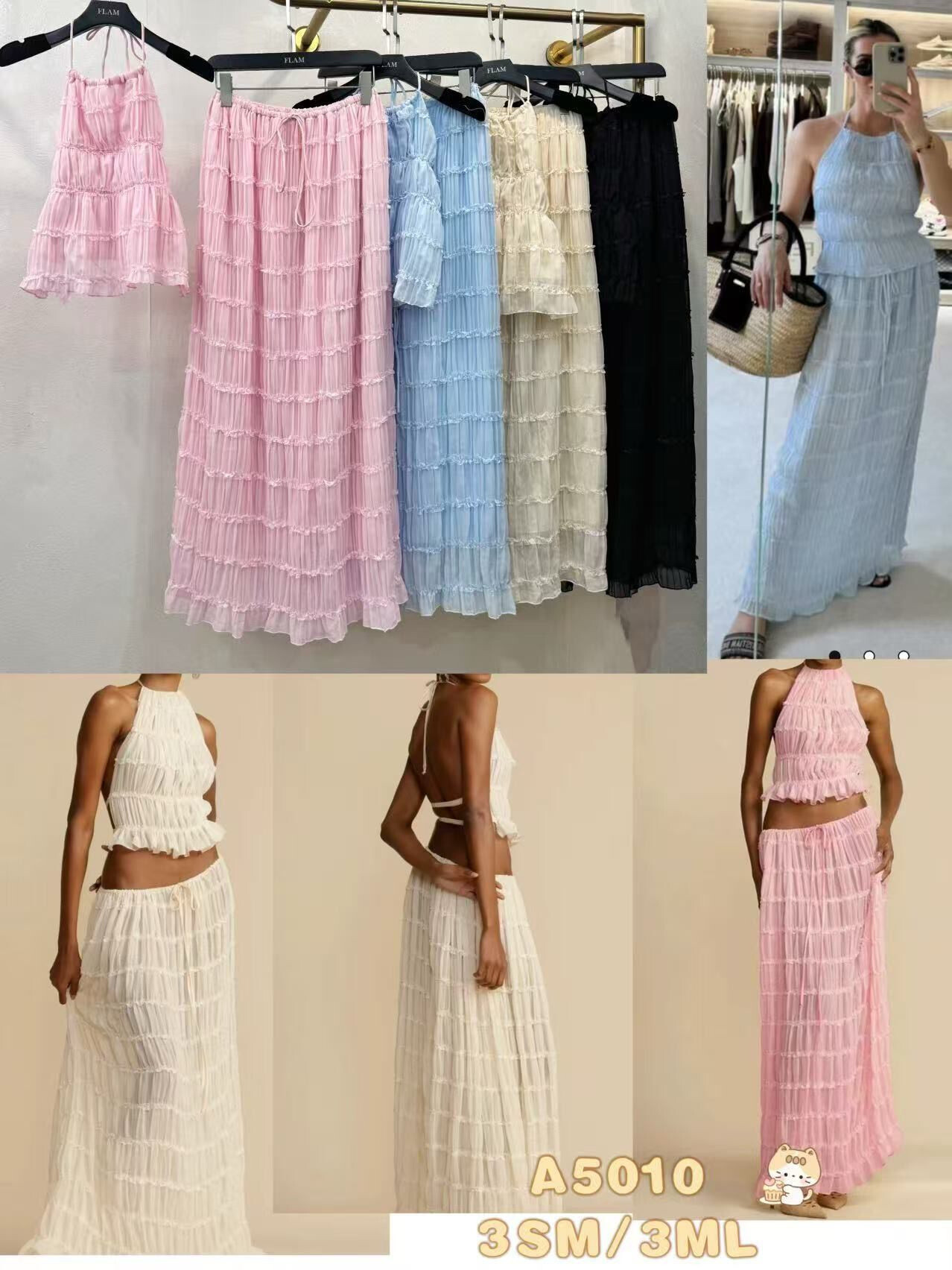 Cet ensemble léger et aérien se compose d’un top dos-nu à fines bretelles nouées et d’une jupe longue assortie à taille élastique. Entièrement réalisé en voile plissé effet smocké, il offre un tombé fluide et une silhouette estivale élégante. Disponible en plusieurs coloris pastel et neutres, parfait pour les journées ensoleillées, la plage ou une escapade chic.