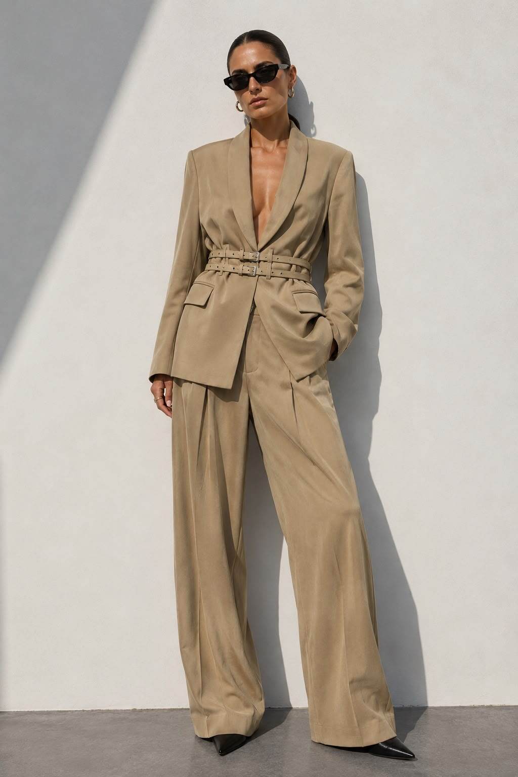Grossiste Flam Mode - Ensemble blazer ceinturé et pantalon large
