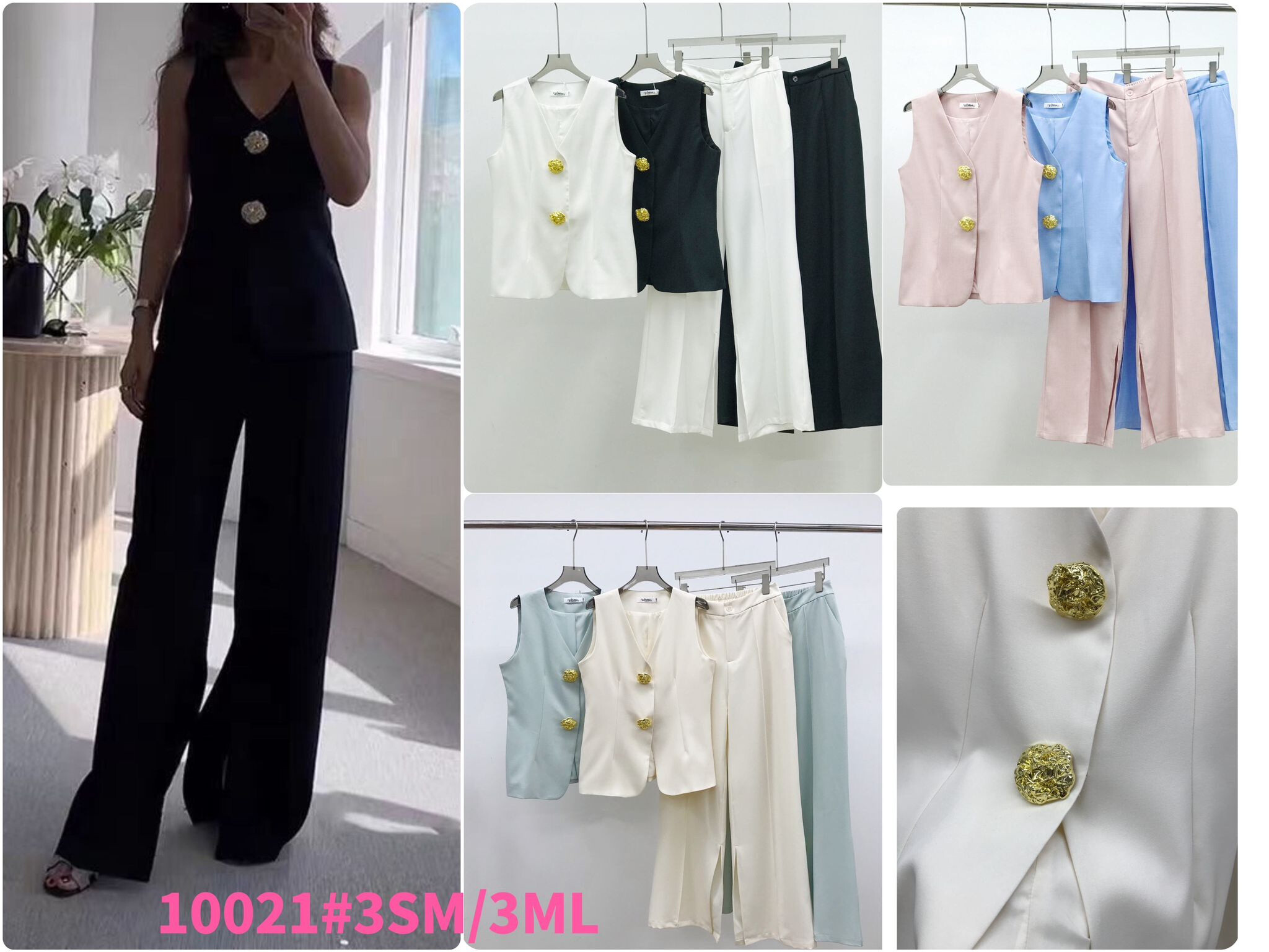 Cet ensemble structuré comprend un top sans manches à col V orné de deux boutons dorés effet bijou, associé à un pantalon fluide à taille élastique. Sa coupe droite et épurée sublime la silhouette tout en restant confortable. Disponible en plusieurs coloris doux ou classiques, c’est un look parfait pour le bureau ou une sortie raffinée.