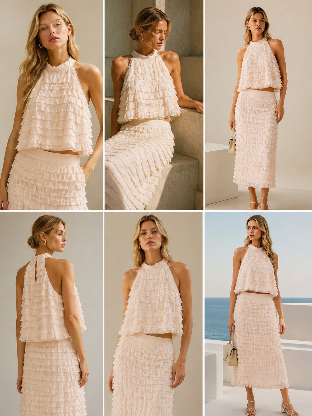 Wholesaler Flam Mode - Ruffled top and textured midi skirt set