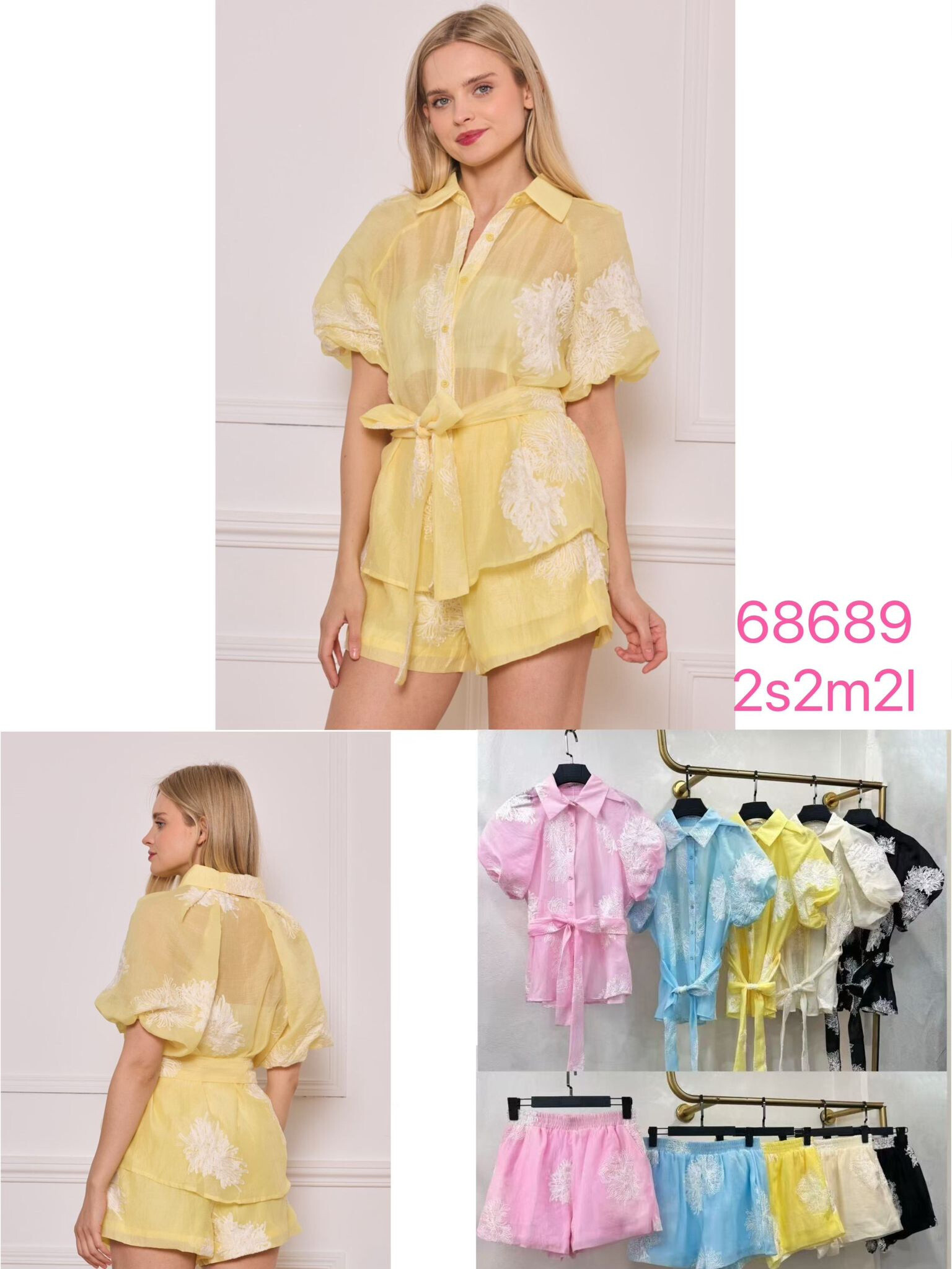 Cet ensemble jaune lumineux se compose d'une chemise fluide à manches bouffantes et d’un short assorti, le tout rehaussé de broderies blanches délicates. La chemise se noue élégamment à la taille grâce à une ceinture intégrée, pour une silhouette féminine et structurée. Un look estival et raffiné, parfait pour les journées ensoleillées ou les vacances.