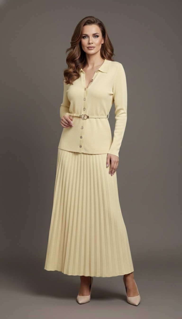 The HYY562 set combines elegance, comfort, and femininity for a sophisticated yet simple look. Crafted from soft and stretchy knit, it features a buttoned cardigan with a fitted cut, enhanced by a slim belt that structures the silhouette while adding a chic touch. The classic collar and golden buttons accentuate the refined appearance of the piece.
The pleated long skirt perfectly completes the set: fluid, light, and flattering, it gently follows the movements, offering a harmonious and elongated style.
An essential duo for an elegant, modern, and comfortable look. 💗