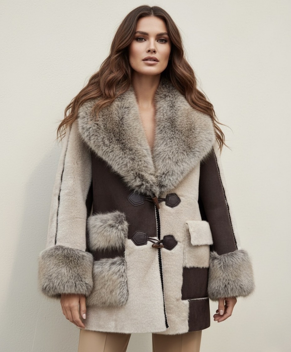 This jacket embodies winter luxury with a look that is both warm and sophisticated. Crafted from ultra-soft faux shearling, it stands out with its generous faux fur collar that brings elegance and comfort. The cuffs, also trimmed with fur, enhance its chic cocooning style. Its slightly oversized straight cut makes it easy to wear over everyday outfits as well as more dressed-up looks. The contrasting panels and decorative fastenings at the front add a fashionable and structured touch. A strong and timeless piece, perfect for winter.