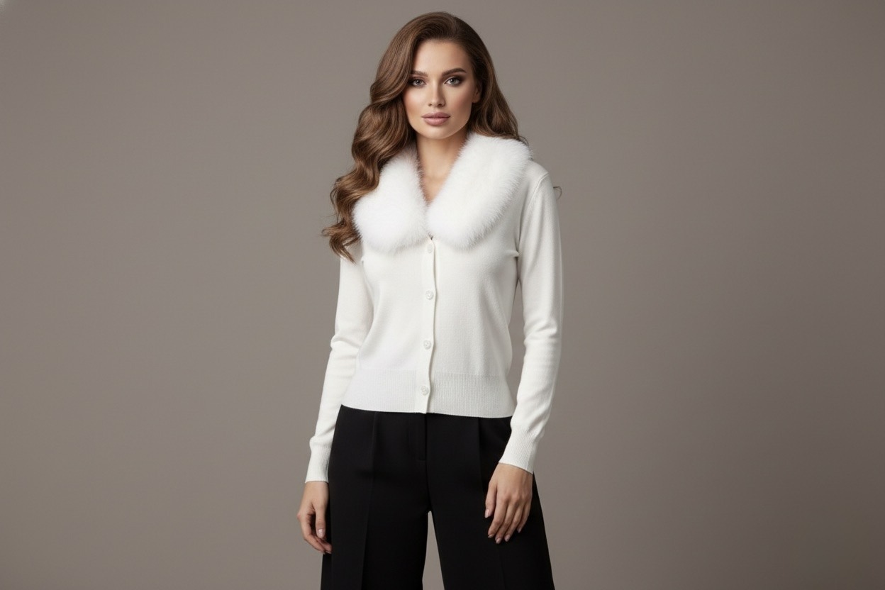 Grossiste Flam Mode - Cardigan élégant avec col en fausse fourrure douce et finitions raffinées