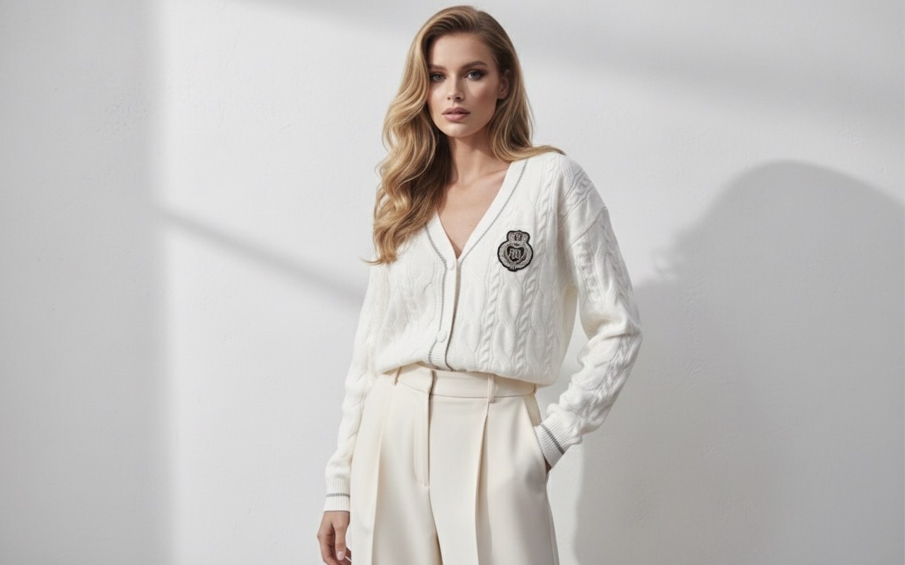 The 98569 cardigan embodies casual elegance with a sophisticated touch. Crafted from soft cable-knit fabric, it offers a refined look while remaining comfortable. Its flattering V-neck, delicate button closure, and embroidered chest patch bring a chic spirit inspired by the Parisian wardrobe. Easy to wear every day, it pairs well with both jeans and dressier trousers. Available in a range of bright and timeless pastel colors, perfect for enhancing every season.