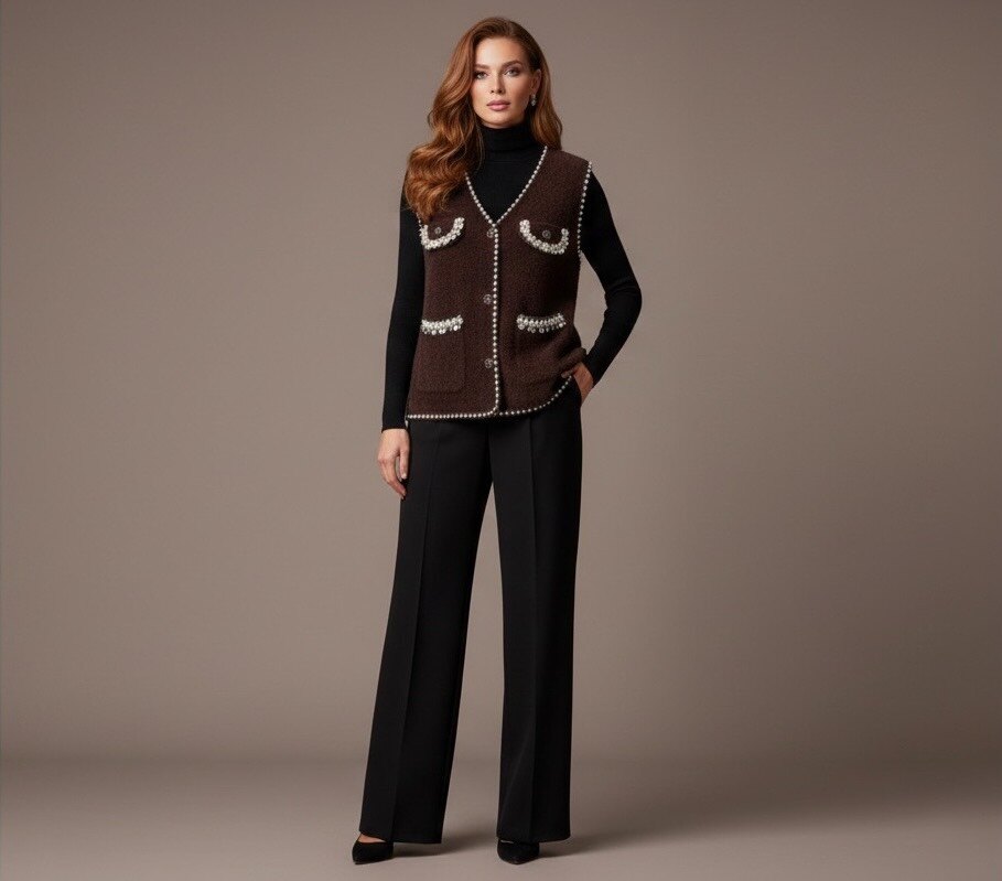 Le gilet 10172 allie élégance et modernité grâce à sa coupe sans manches et son col en V flatteur. Conçu dans une matière douce et structurée, il offre un look raffiné tout en restant confortable pour un port quotidien.  Ses atouts principaux : les poches ornées de perles et de strass, ainsi que les finitions contrastées qui soulignent la silhouette et apportent une touche sophistiquée. Les boutons décoratifs complètent harmonieusement l’ensemble, offrant un charme à la fois classique et tendance.  Facile à porter sur une chemise, un sous-pull ou un top, il s’adapte aussi bien aux looks city chic qu’aux tenues plus décontractées. Une pièce forte qui élève immédiatement n’importe quelle tenue.