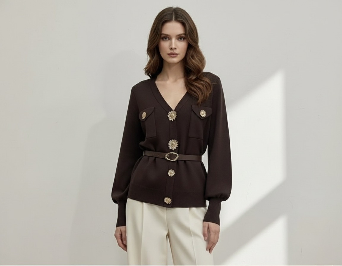 This refined cardigan combines elegance and modernity with a structured and feminine cut. Its V-neck subtly enhances the neckline, while the matching belt accentuates the waist for a harmonious silhouette. The golden jewel buttons add a luxurious and sophisticated touch. Crafted from soft and comfortable knit, it pairs perfectly with both dress pants and jeans for a chic everyday look.
