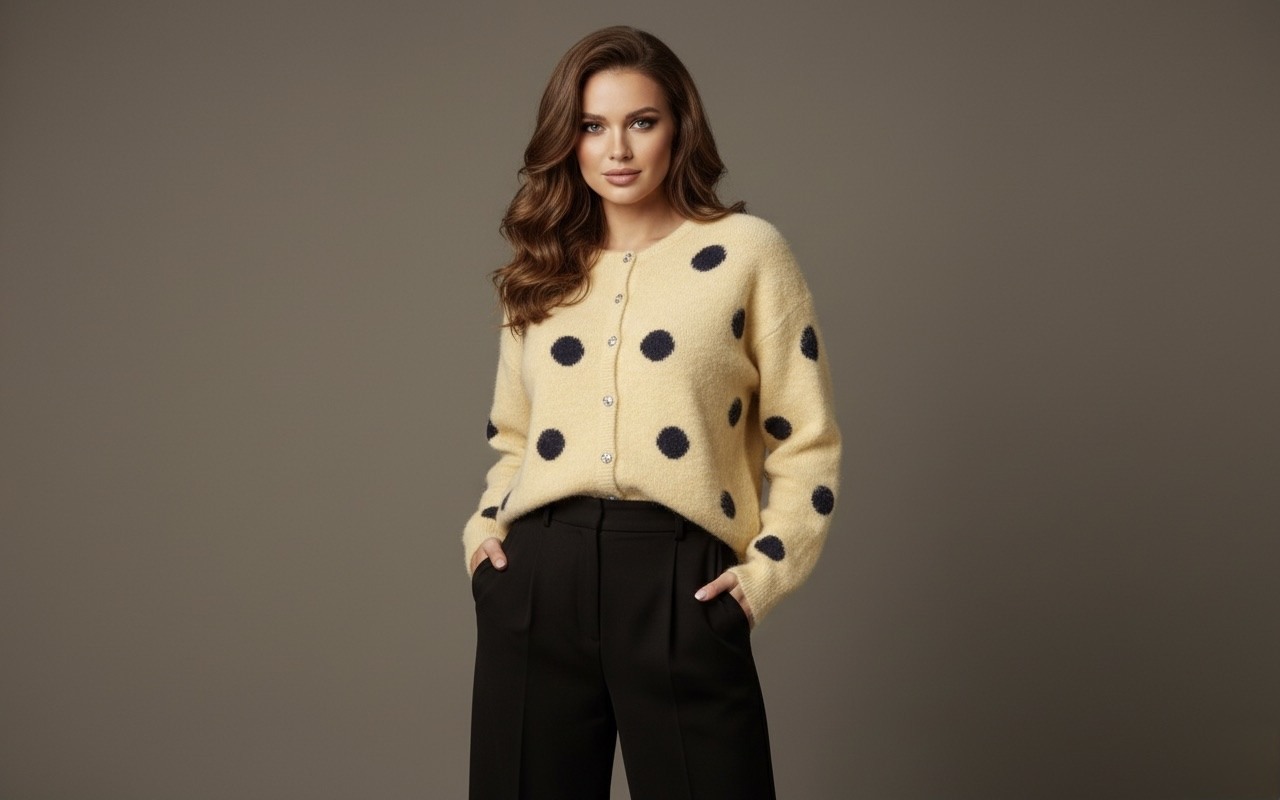 The Z2202 cardigan adds a touch of softness and whimsy to your wardrobe with its irresistible polka dot pattern. Crafted from a soft and pleasant knit, it offers a cocooning sensation while remaining light and comfortable for everyday wear.
Featuring a slightly loose straight cut, it fastens with lovely buttons that enhance its retro-modern charm. Available in stunning pastel colors, it instantly brightens up your outfits, whether worn open over a top or closed like a sweater.
Perfect with jeans, a skirt, or even tailored trousers, this versatile cardigan adapts to all styles: casual, chic, or romantic. A joyful and essential piece to elegantly warm up your looks.