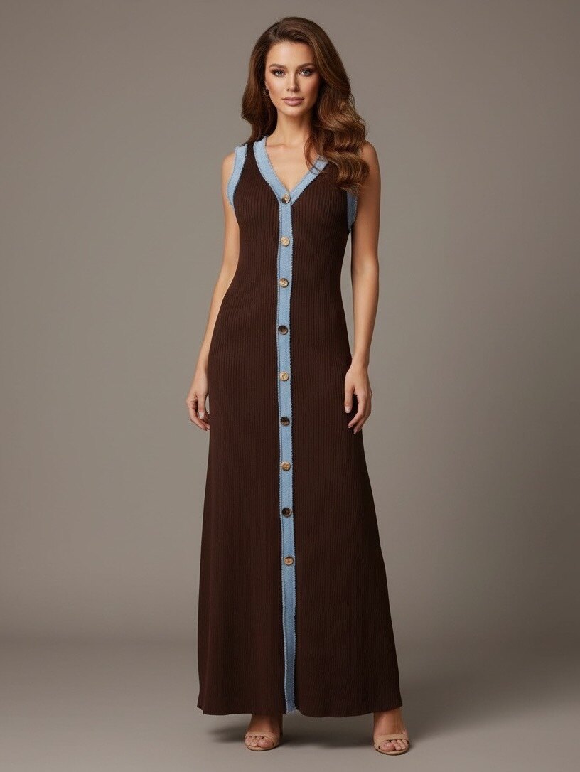 La robe 10179 offre une allure moderne et élégante grâce à sa coupe longue et fluide, parfaite pour allonger la silhouette. Conçue en maille côtelée confortable, elle épouse délicatement les formes tout en restant souple et agréable à porter.  Ses détails contrastés en bordure denim au niveau du col en V, des emmanchures et le long de la patte de boutonnage apportent une touche originale et tendance. Les boutons décoratifs ajoutent du caractère et structurent joliment la robe du haut jusqu’à l’ourlet.  Sans manches, elle est idéale pour la mi-saison comme pour les journées plus chaudes, et peut se porter aussi bien seule qu’avec une veste légère. Chic, moderne et facile à accessoriser, c’est une pièce incontournable pour un look féminin du quotidien.