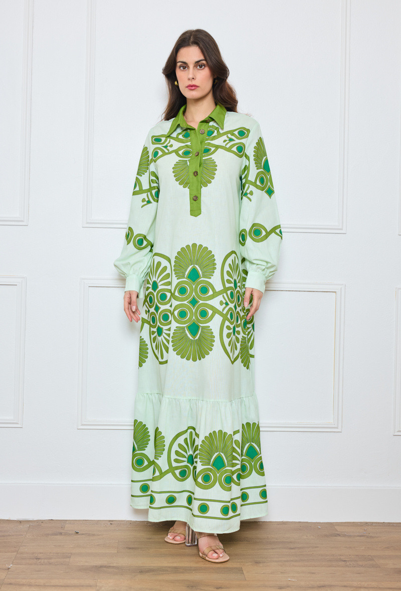 Wholesaler Flam Mode - Long green mint dress with green geometric print and contrasting shirt collar