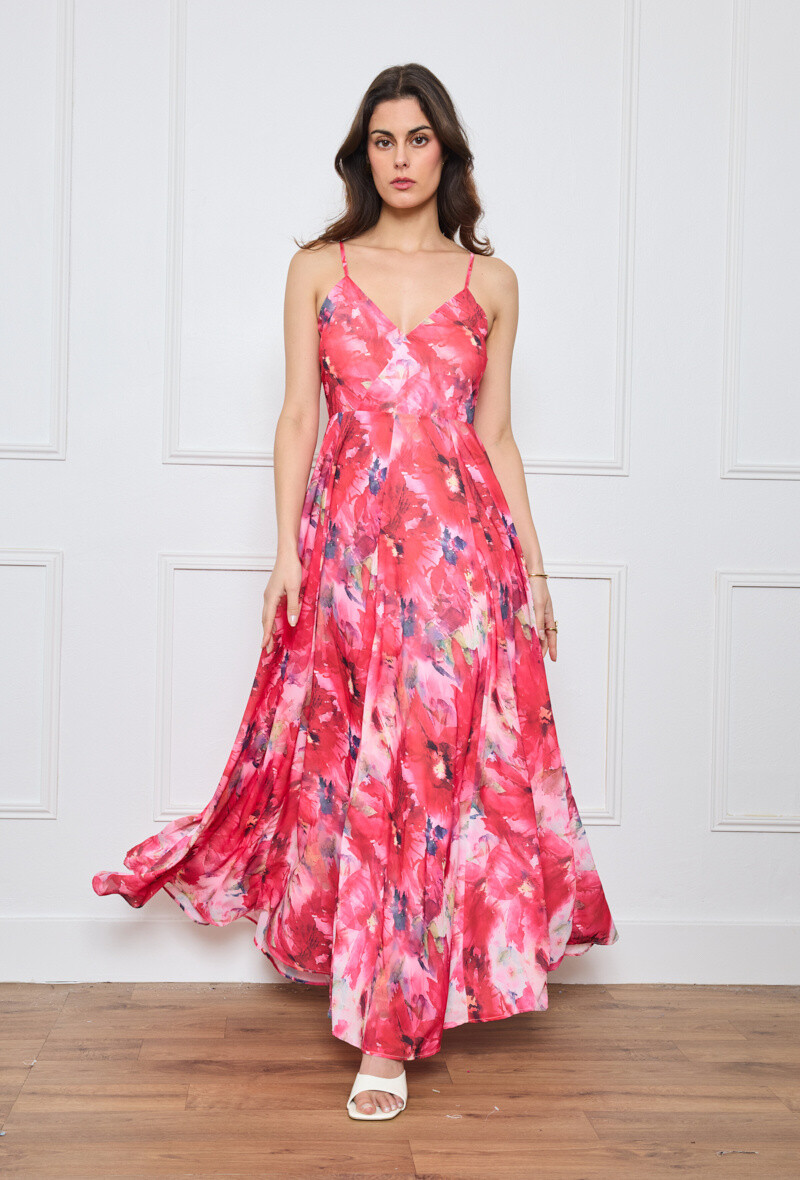 Wholesaler Flam Mode - Long dress with thin straps, watercolor print