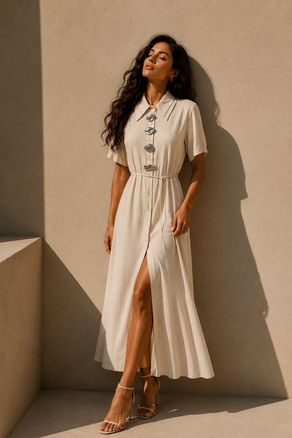 Großhändler Flam Mode - Langes Hemdkleid mit Gürtel und kurzen Ärmeln – Schmuckdetails – FLAM