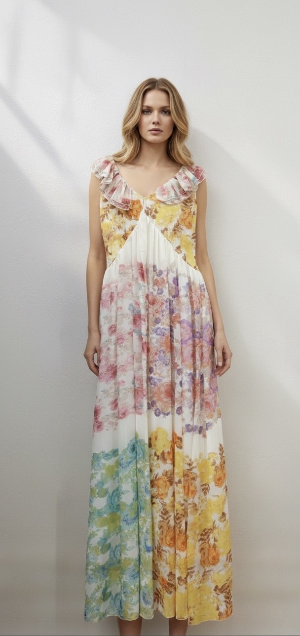 The 9849 dress captivates with its delicate floral print and airy long cut, perfect for sunny days. Its feminine V-neckline is enhanced by pretty ruffles on the shoulders, adding softness and romance to the silhouette. The cinched waist flatters the figure while the flowing skirt moves gracefully with every step. Crafted from a breezy fabric, this dress is perfect for a summer stroll, a seaside getaway, or an elegant daytime event. Available in two bright floral colors, it embodies a chic and refined bohemian style.