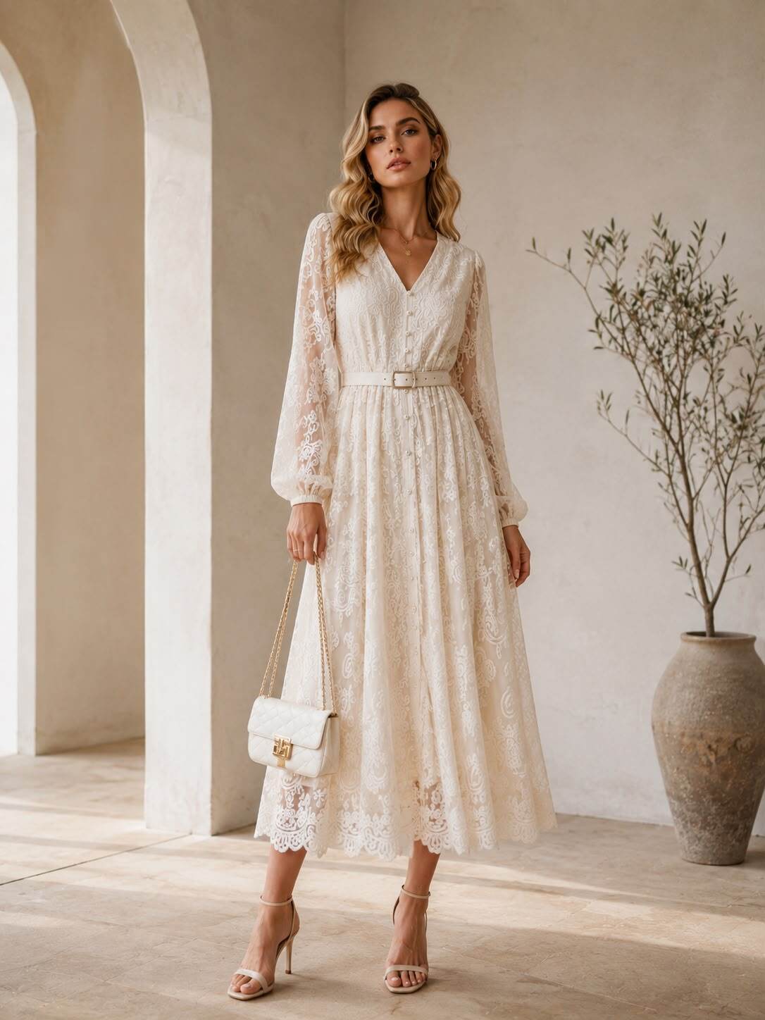 Mayorista Flam Mode - Vestido largo de encaje con cinturón