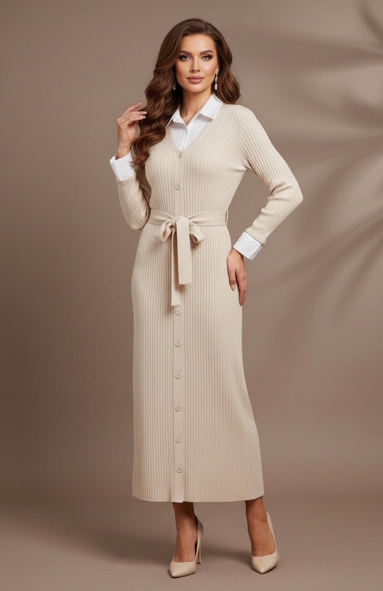 Grossista Flam Mode - Elegante abito lungo a coste con colletto a camicia e cintura annodata