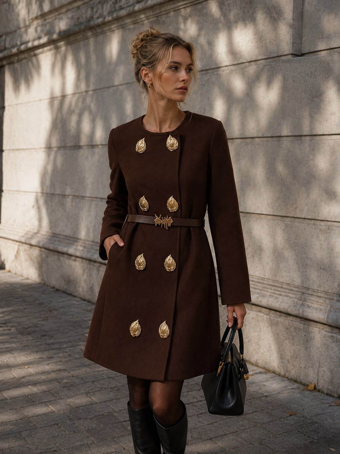Wholesaler Flam Mode - Elegant belted dress with jeweled buttons
