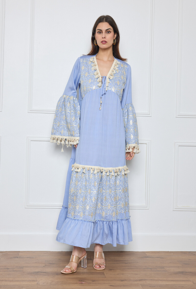 Wholesaler Flam Mode - Long dress with puffy sleeves and a bohemian chic design