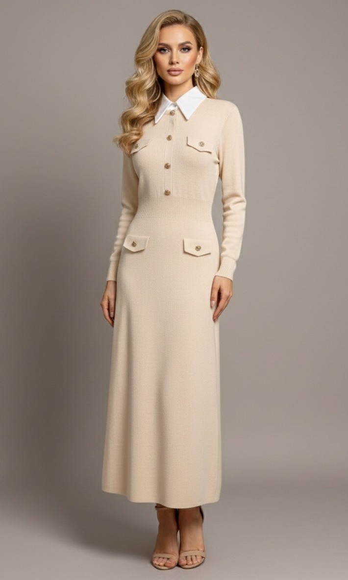 La robe 9975 incarne l’élégance classique revisitée. Conçue en maille douce et confortable, elle offre une coupe longue et fluide qui allonge la silhouette.

Son col chemise blanc contrasté lui donne une allure chic et sophistiquée, tandis que les boutons dorés et les poches décoratives apportent une touche raffinée et féminine. La taille est délicatement resserrée pour souligner les formes tout en restant confortable.

Parfaite pour le quotidien, le bureau ou des occasions élégantes, cette robe associe style, douceur et modernité. Une pièce intemporelle à avoir absolument dans sa garde-robe