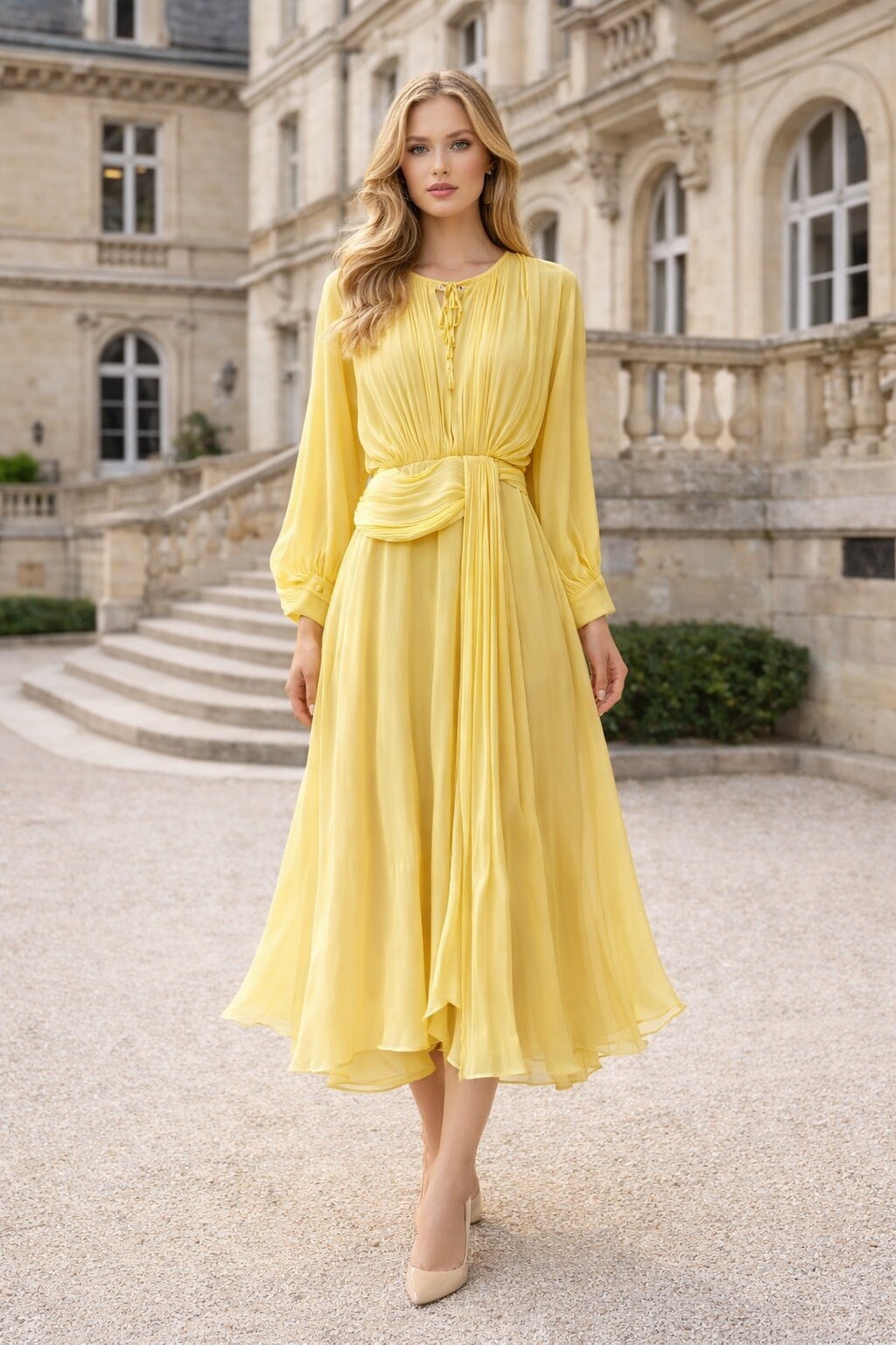Flowy pleated dress with long sleeves, ruched waist, and integrated ...