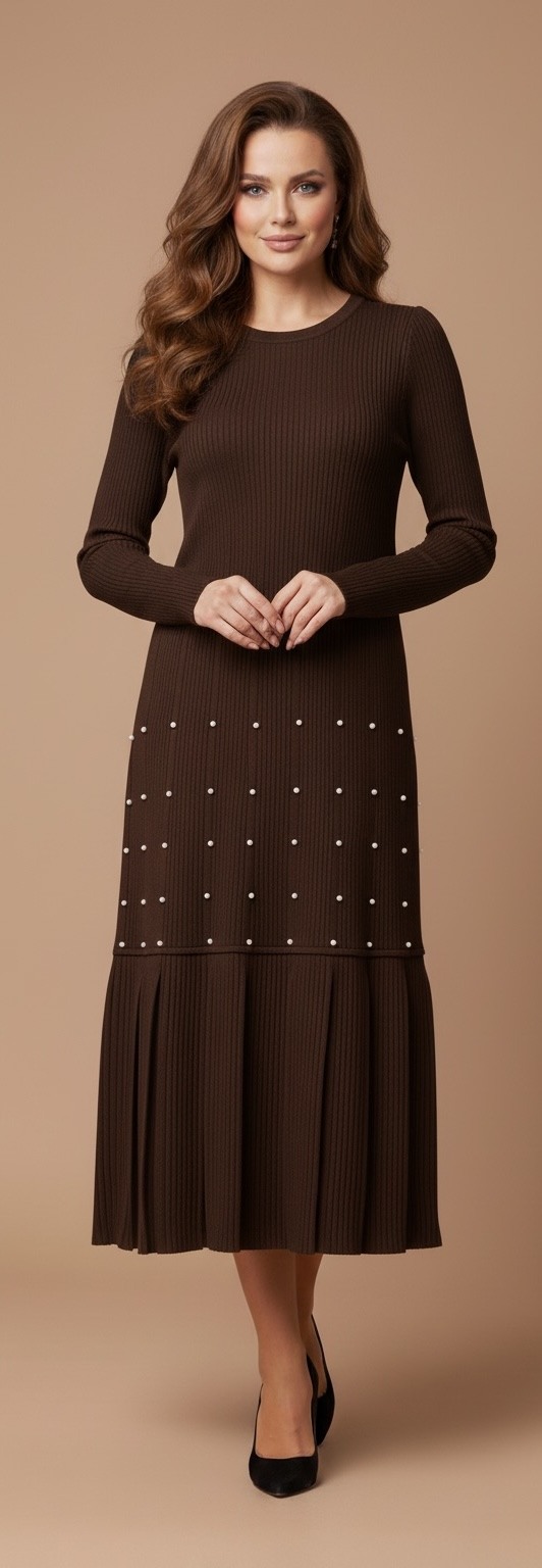 Fall in love with this elegant knit dress, perfect for mid-season and winter.
Its refined design stands out with decorative pearls and a fluid pleated skirt, offering a chic and feminine drape.
With long sleeves and soft, stretchy fabric, it combines comfort and elegance for everyday wear.
