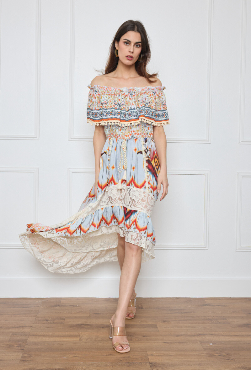 Wholesaler Flam Mode - Light and fluid dress, a Boho Chic design with an off-shop neckline