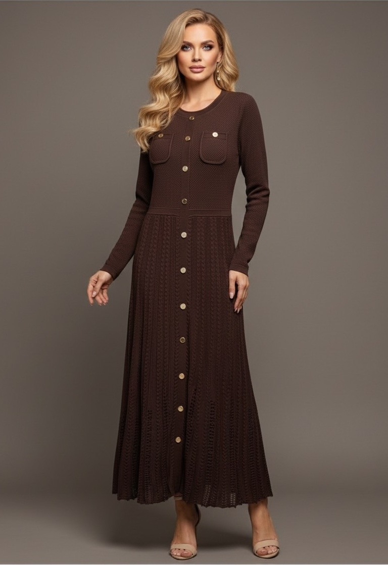 Combine elegance and comfort with this stunning long knit dress, a chic and feminine model designed to enhance all silhouettes. The structured top with gold buttons and decorative pockets adds a sophisticated touch, while the openwork knit skirt, fluid and delicate, creates an elegant movement with every step.

With its flattering cut, impeccable finishes, and soft trendy colors like pink, yellow, blue, beige, brown, and black, this dress is perfect for everyday wear, the office, or even a dressed-up outing.

A seasonal must-have for a modern, refined, and ultra-feminine look.