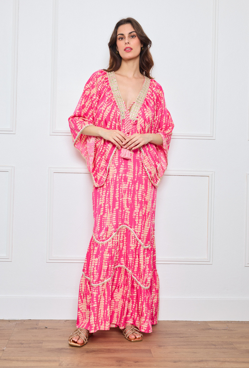 Wholesaler Flam Mode - Printed long dress, kaftan cut and embroidered neckline