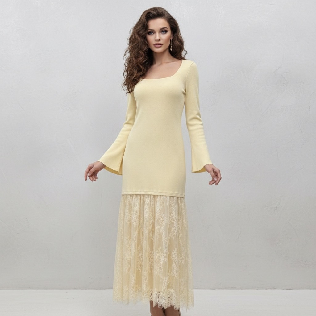 Großhändler Flam Mode - Langes Strickkleid mit Spitzenbesatz
