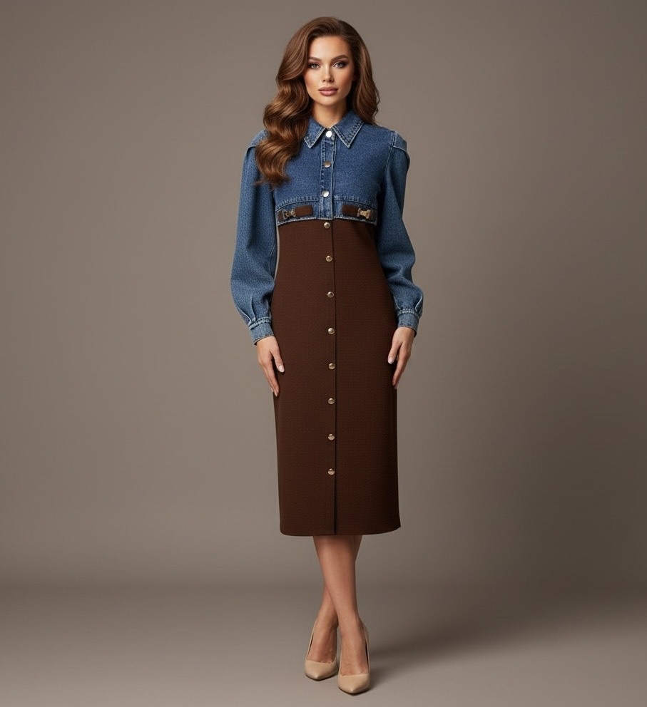 This two-tone dress combines a structured denim top with a flowing skirt for a modern and harmonious silhouette. The denim bodice adds character with its classic collar, slightly puffed long sleeves, and metallic details that accentuate the waist.

The skirt part, soft and feminine, falls elegantly and is highlighted by a line of golden buttons that visually elongate the silhouette. The ensemble creates a chic and original effect, perfectly balanced between urban style and refined allure.

Comfortable and easy to wear, this dress is suitable for both a workday and a more dressed-up outing. It pairs effortlessly with ankle boots, pumps, or sandals depending on the season. A strong and trendy piece to enhance your wardrobe.