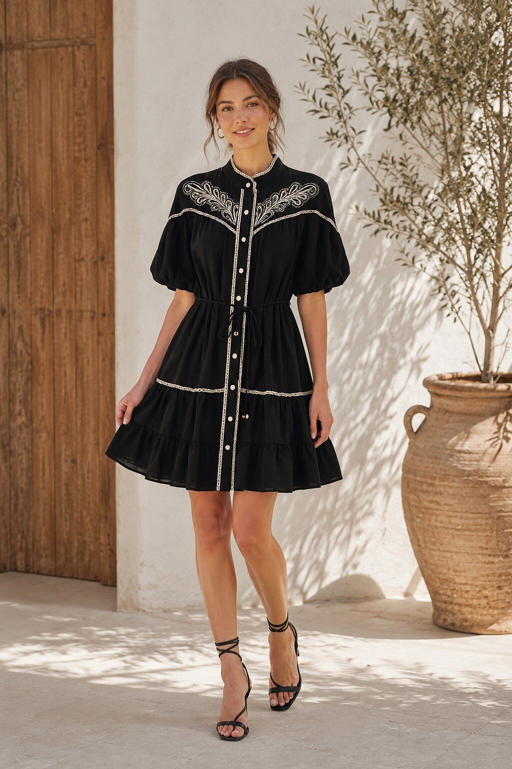 Mayorista Flam Mode - Vestido camisero bohemio bordado con mangas abullonadas