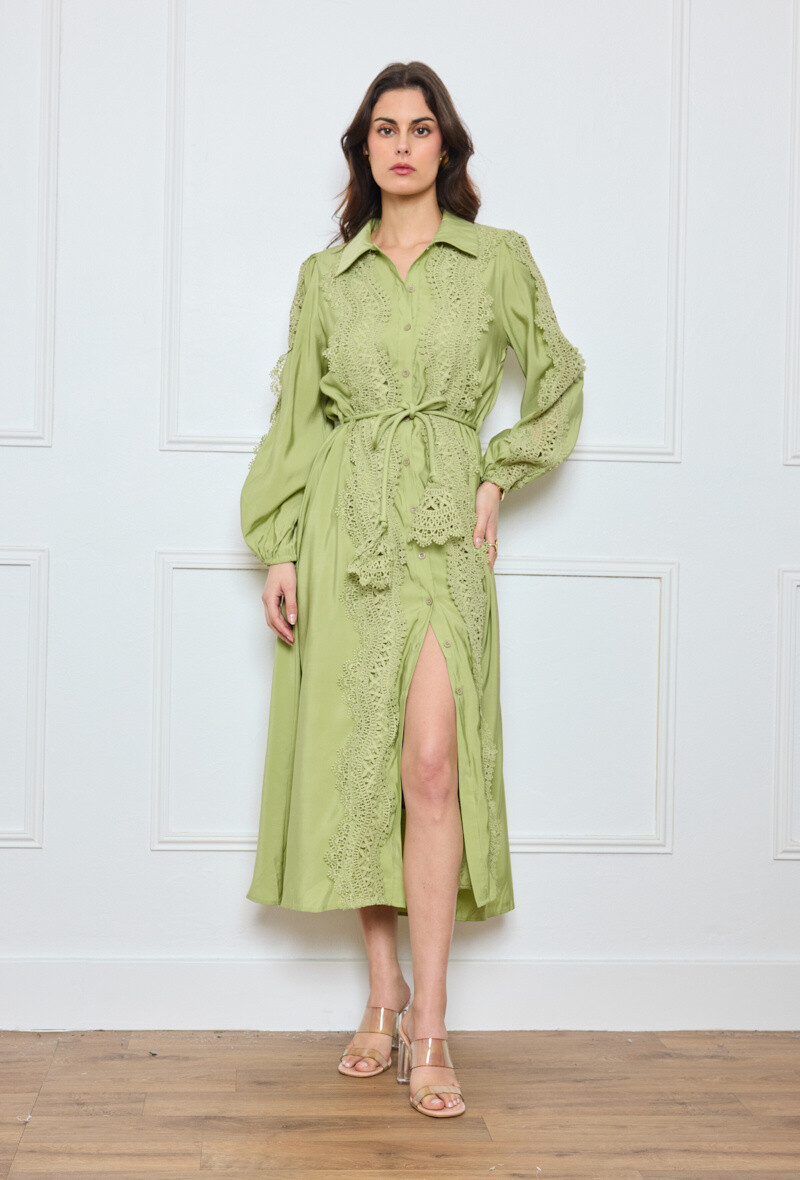 Wholesaler Flam Mode - Midi embroidery dress, knotted belt and slit