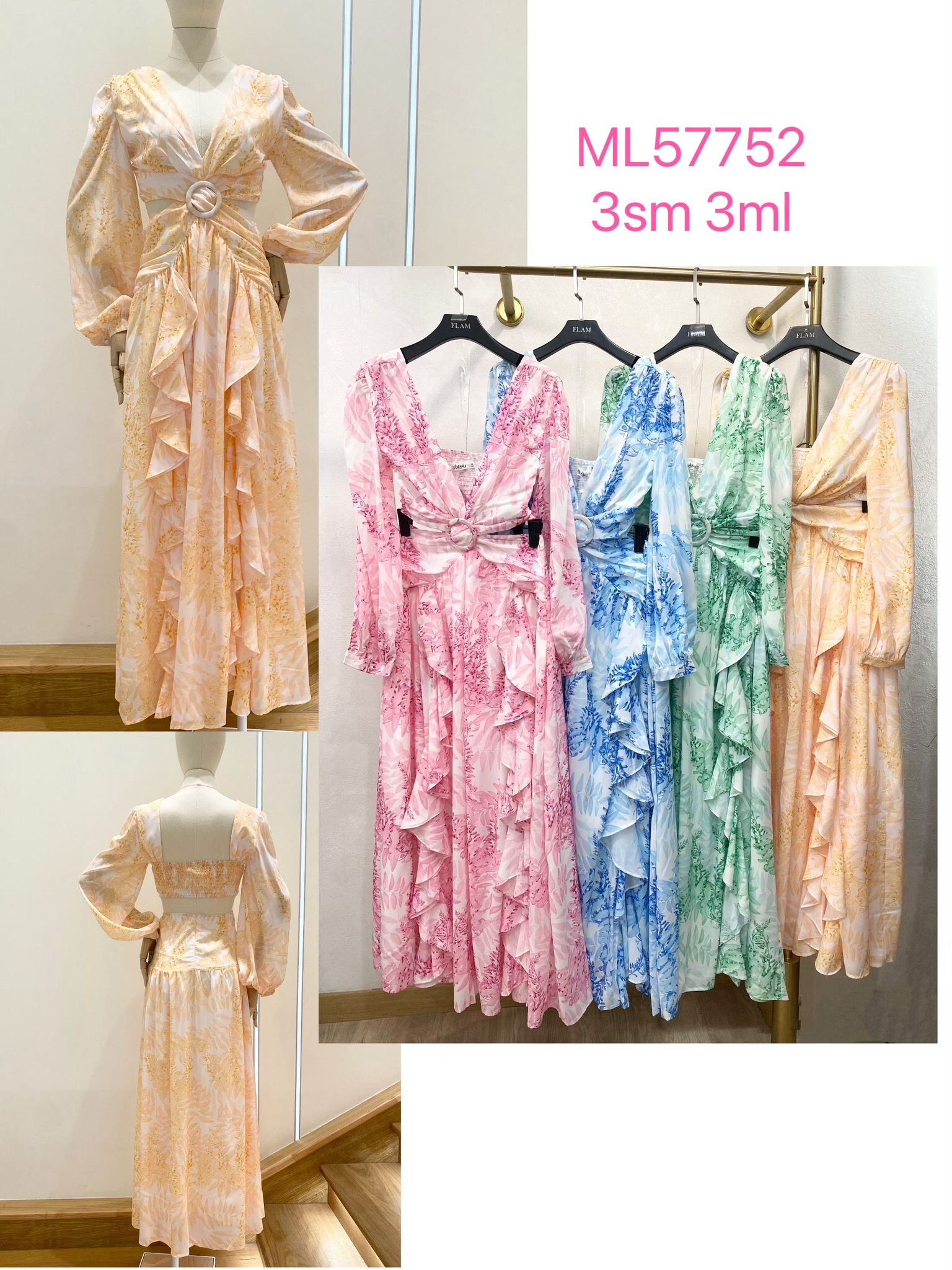 Wholesaler Flam Mode - Long fluid dress printed foliage, cross neckline and loop belt