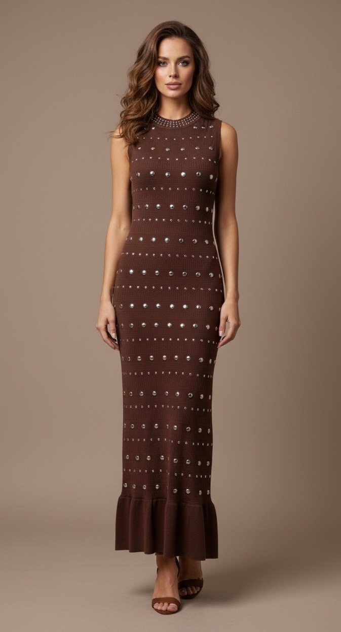 Elevate your look with this chic and modern sleeveless long dress.
Crafted from soft and stretchy knit, it gently hugs the figure while remaining comfortable.
The silver pearl details add a touch of sparkle, while the ruffled hem brings movement and elegance.
Perfect for a special occasion, a dinner, or a dressed-up outing.