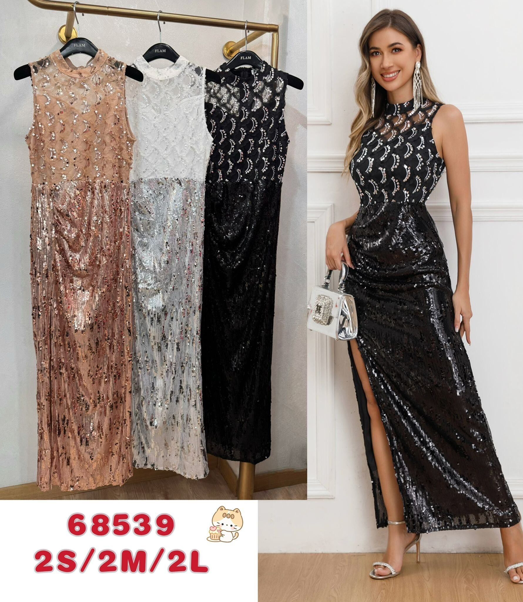 Grossiste Flam Mode - Robe de soirée avec une jolie fente et des paillettes