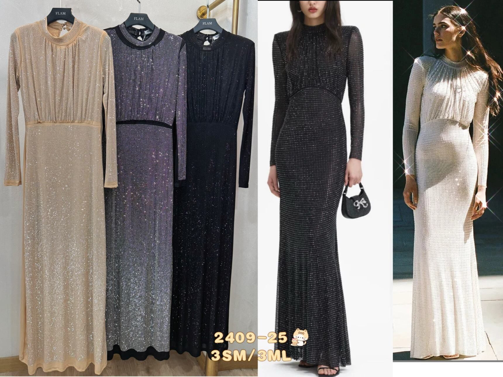 Grossiste Flam Mode - Robe de soirée manche longue avec strass et cintrée à la taille