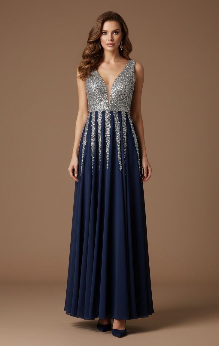 Wholesaler Flam Mode - Sparkling long dress with sequin top and flowing skirt