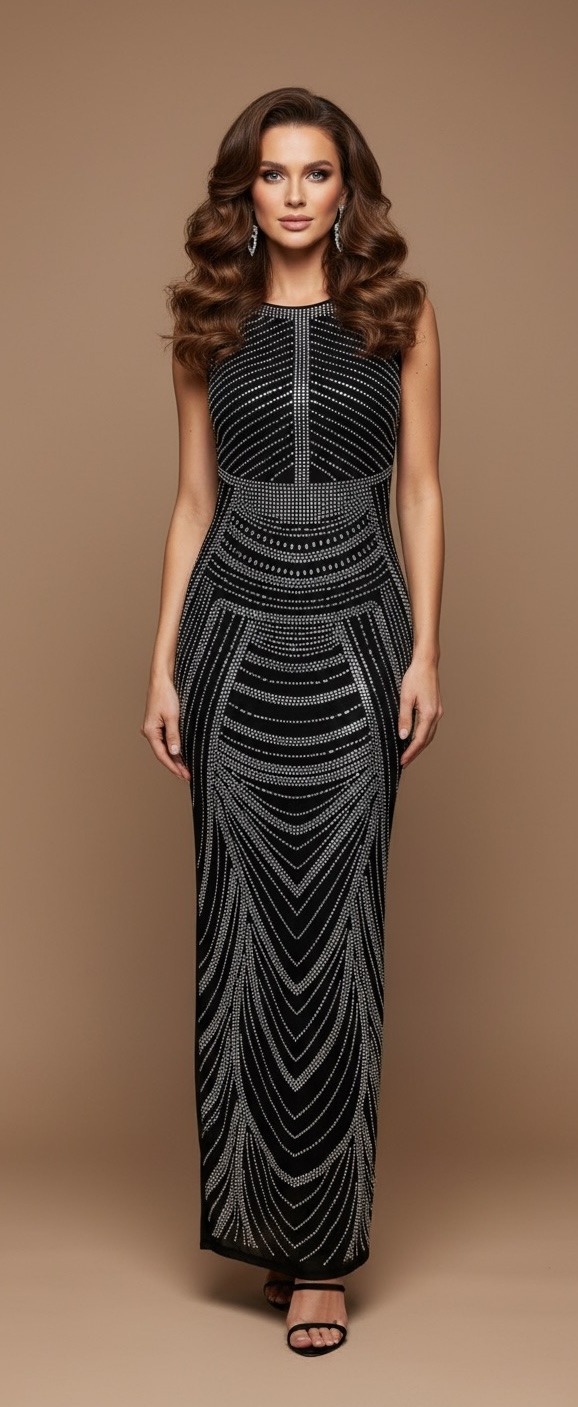 Grossista Flam Mode - Abito lungo scintillante con elegante motivo geometrico in strass