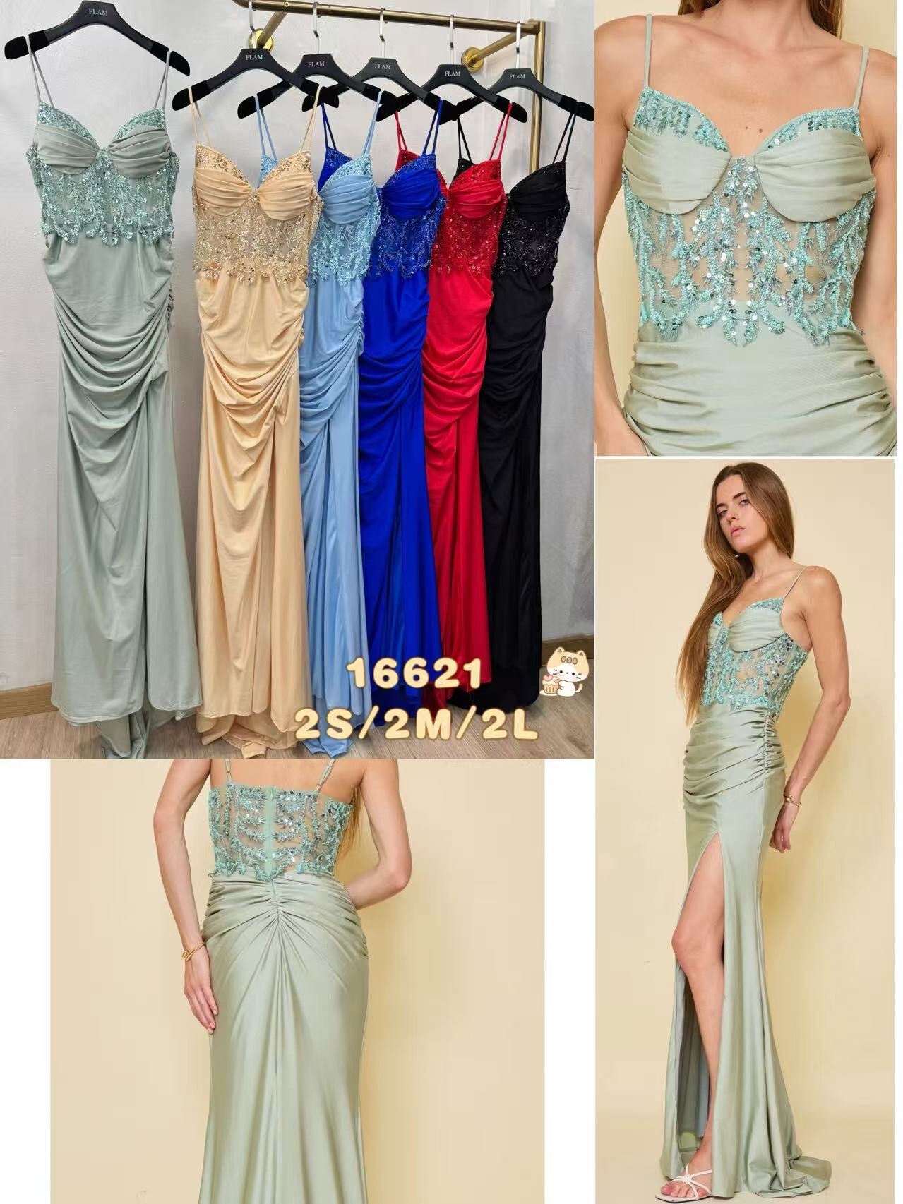 Grossiste Flam Mode - “Divina” – Robe Longue Satinée à Broderies & Fente Haute