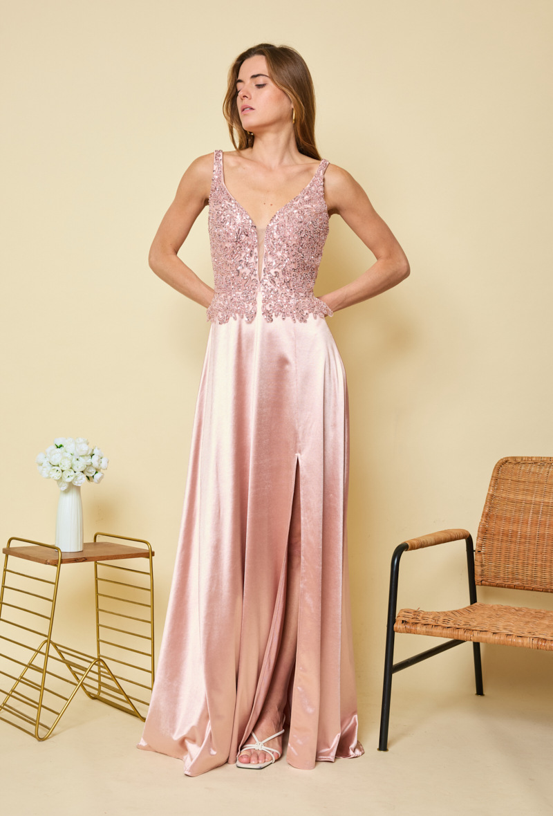 Mayorista Flam Mode - Vestido largo rosa empolvado de satén con top bordado y escote pronunciado