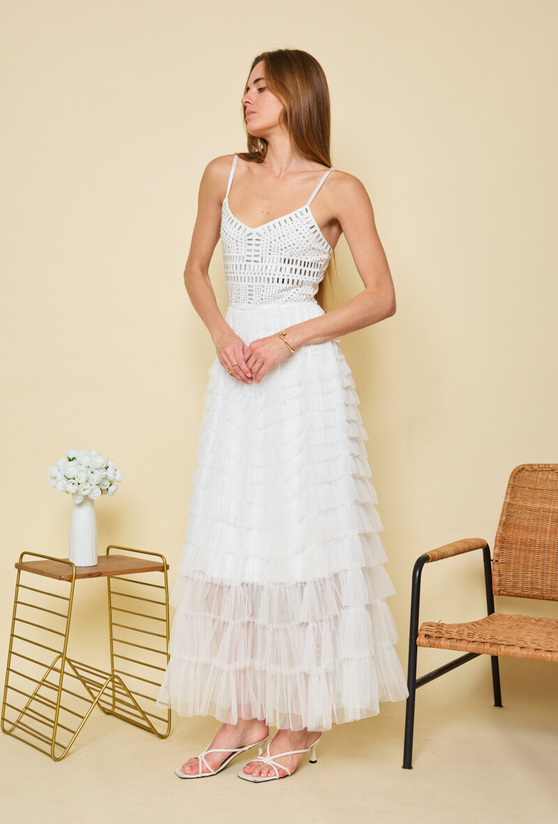 Großhändler Flam Mode - Langes weißes Kleid mit Trägern, gehäkeltem Oberteil und Tüllrüschenrock