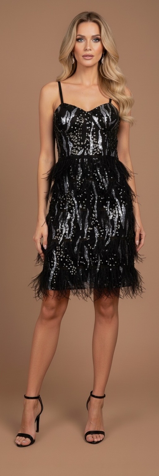 Grossiste Flam Mode - Robe cocktail à sequins et plumes