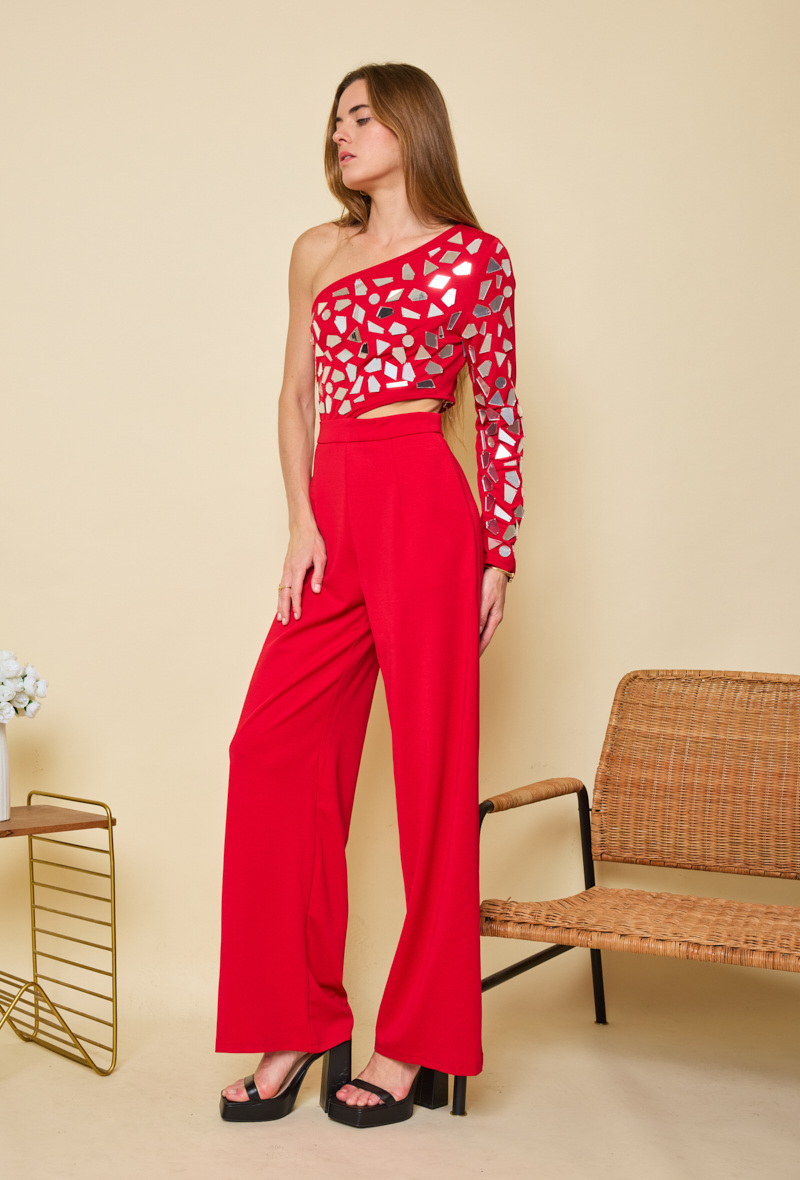 Mayorista Flam Mode - Top asimétrico de espejo y pantalón rojo de talle alto - un look audaz y glamuroso