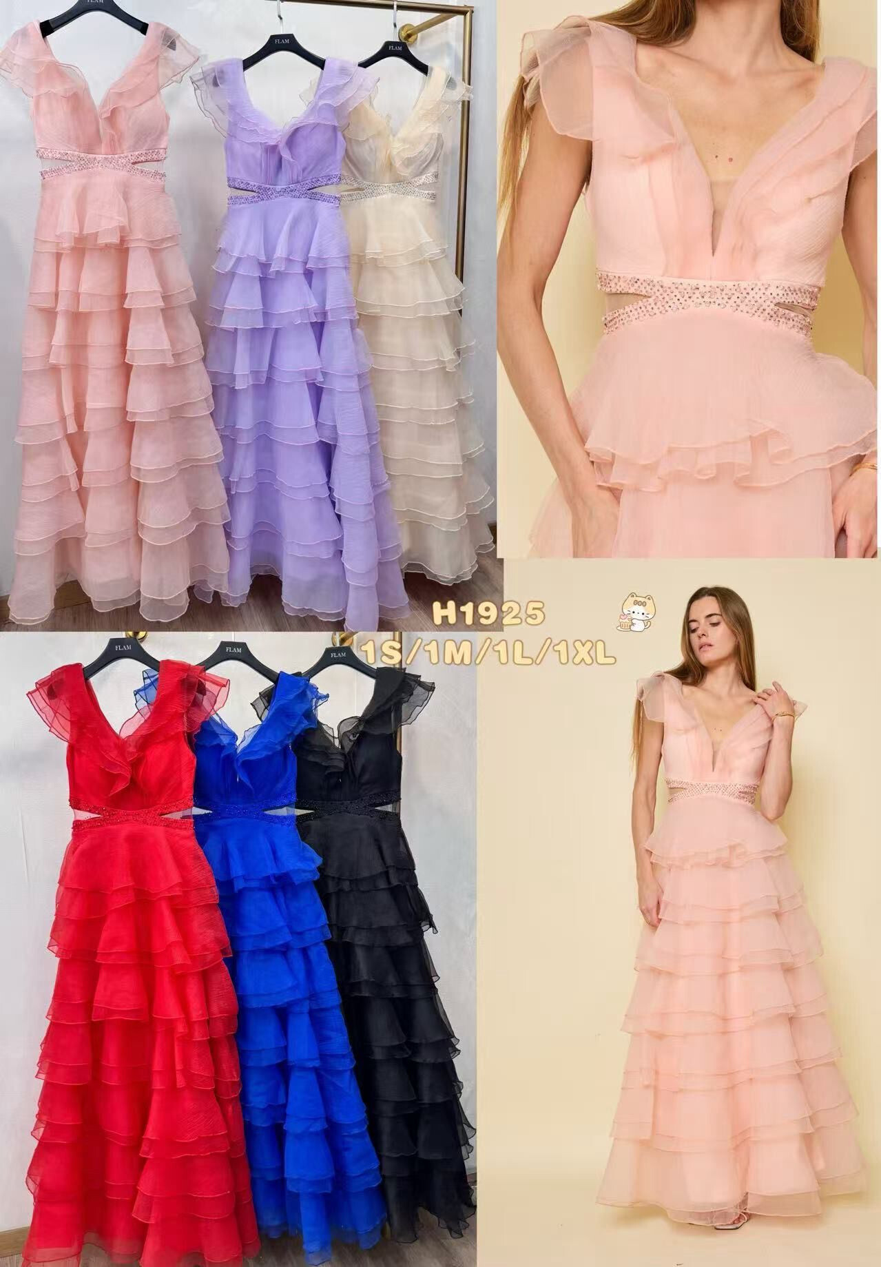 Mayorista Flam Mode - Vestido largo de tul con volantes, escote en V y detalles de pedrería en la cintura